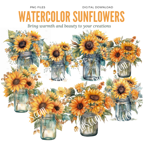 Watercolor Sunflower jar Bundles Clipart Designs Digeals.com