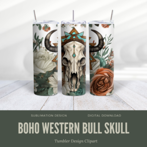 Boho Western Bull Skull Tumbler Clipart Design Digeals.com