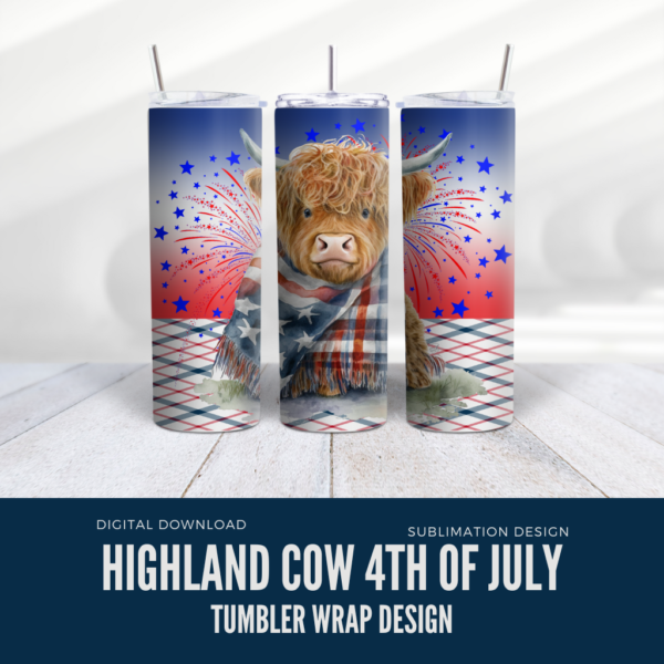Highland Cow 4th of July Tumbler Wrap Clipart Design Digital Download - Digeals.com