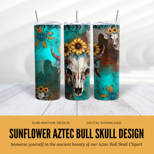 Sunflower Aztec Bull Skull Tumbler Design Clipart Digital Download Digeals.com