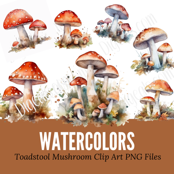 Watercolor Toadstool Mushroom Clipart Art Digital Download - Digeals.com