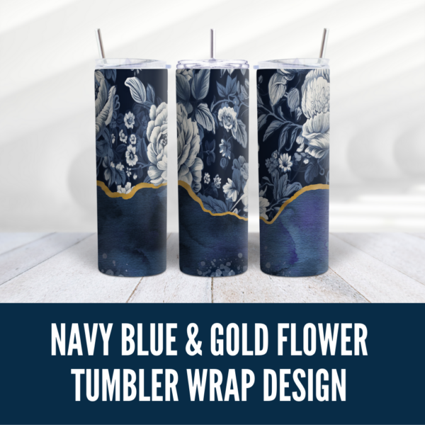 Navy Blue Floral Tumbler Wrap Design Digital Download - Digeals.com