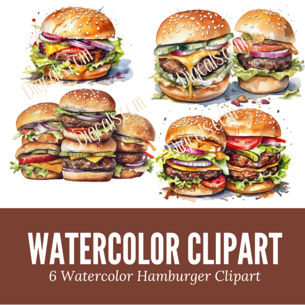 Watercolor Hamburger Cheeseburger Clipart Design Bundle www.Digeals.com