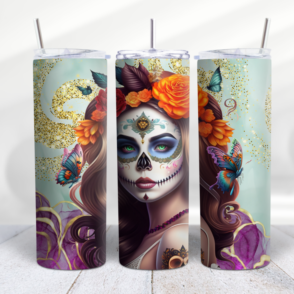 Halloween Sugar Skull Butterfly Flower Women Tumbler Wrap Design - Digeals.com